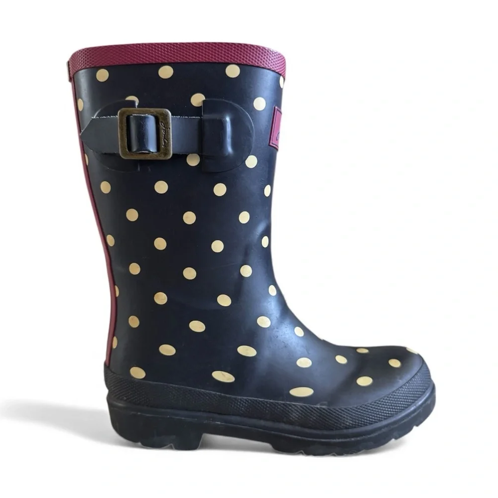 Joules Kids Waterproof Rubber Rain Boots Black Pink Yellow Polka Dot Shoes 13